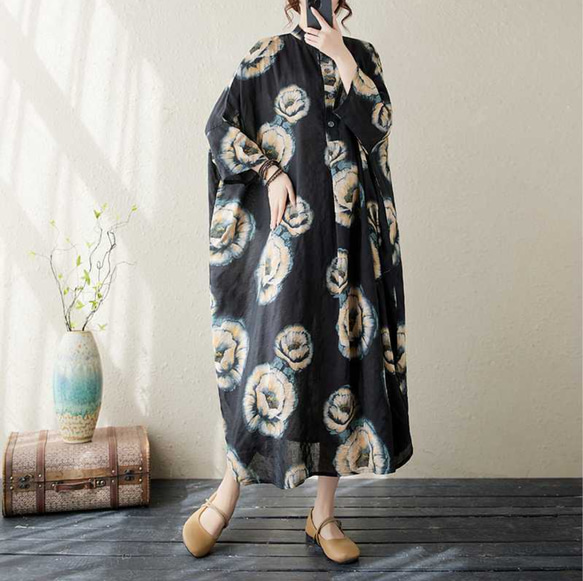 綿麻スタンドカラーワンピース . ゆったりワンピース . シャツワンピース . 七分袖ロングスカート 2枚目の画像