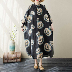 綿麻スタンドカラーワンピース . ゆったりワンピース . シャツワンピース . 七分袖ロングスカート 4枚目の画像