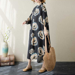 綿麻スタンドカラーワンピース . ゆったりワンピース . シャツワンピース . 七分袖ロングスカート 5枚目の画像