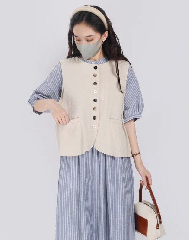 100%亜麻ベスト リネンのノーカラーベスト