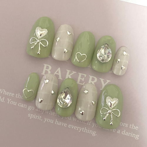 design272】韓国 グリーン リボンネイルチップ ネイルチップ（つけ爪