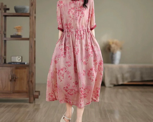 半袖ワンピース 花柄ワンピース 夏 コットン 麻（リネン）大人