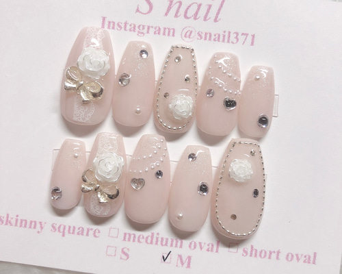 オーダーページ】ネイルチップ 韓国 ガラスフレンチ リボン 薔薇
