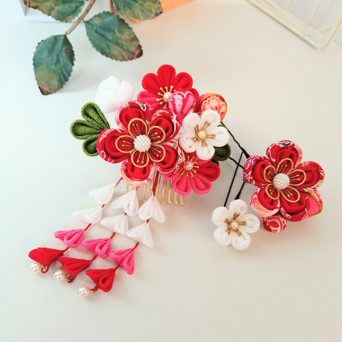 受注品》つまみ細工 髪飾り #19-44 七五三赤×ピンク(3歳用