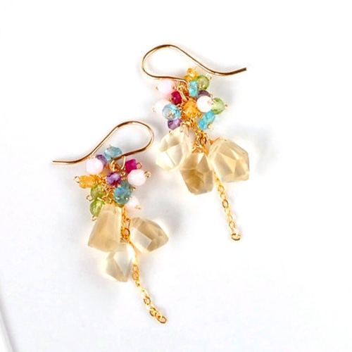 イエロースキャポライト、ハーキマー、オパール 14Kgfピアス 14kgf