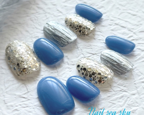 サックス ブルー シルバーラメとシャンパンゴールドmix シルバーミラー