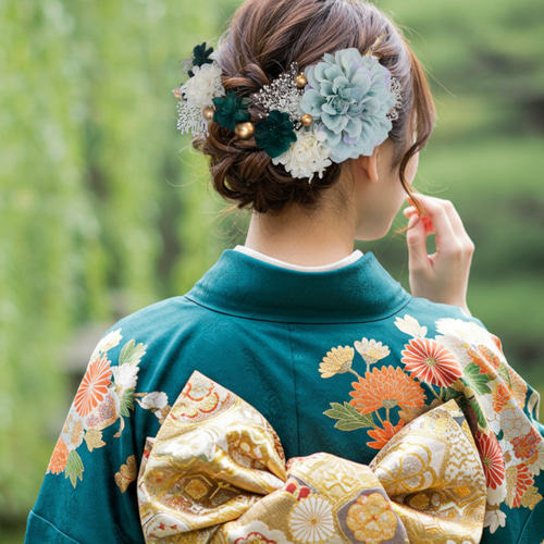 モスグリーンとくすみブルーグリーン No.MG2 髪飾り 成人式 卒業式