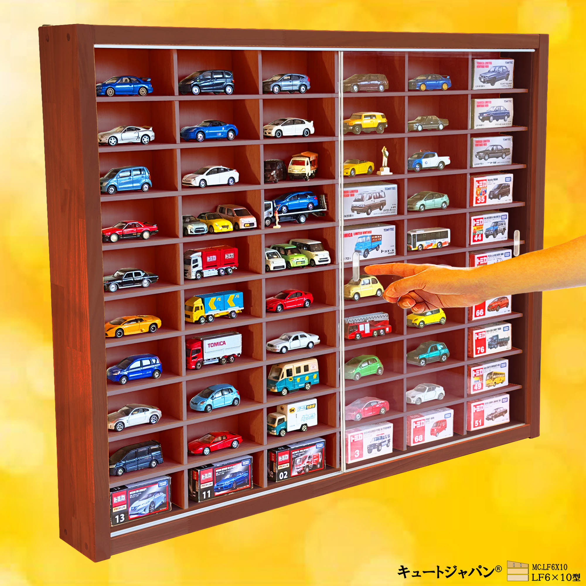 ミニカー ６０台収納 コレクション 1/64 マホガニ色全塗装 アクリル障子付 日本製 ＬＦ６×１０型