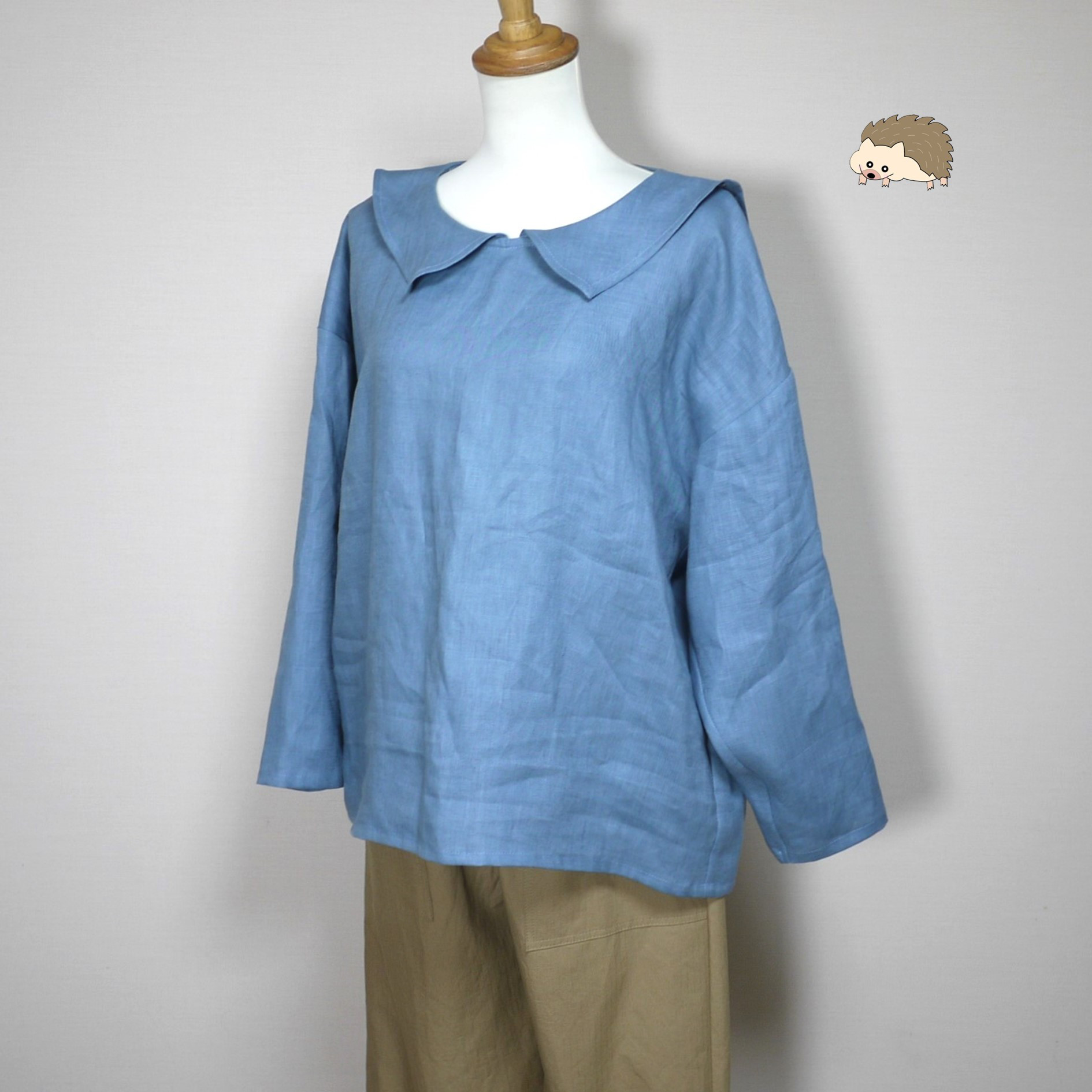 カラーリネン◆ひらっとカラーのロングセーラーブラウス　長袖◆オールドブルー◆フリーサイズ（中厚、リネン100％）