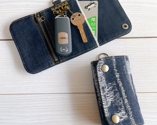 岡山ハードダメージ加工柄デニム 三つ折りキーケース 4連 スマートキー