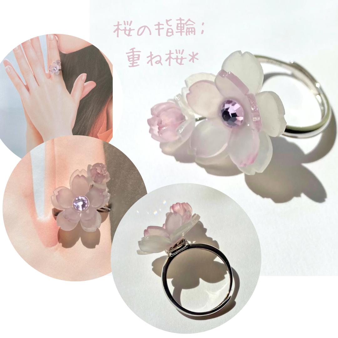 桜の指輪: 重ね桜ー プラバン花アクセサリー 春アクセサリー 桜