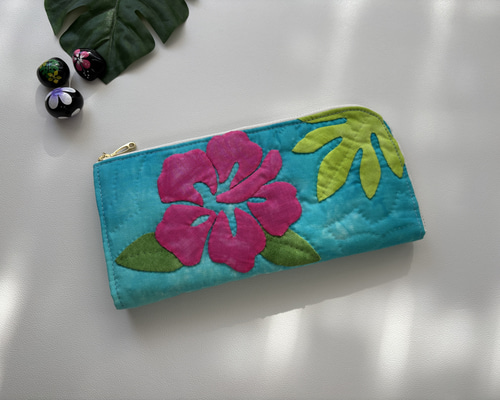 L字ファスナー長財布 夏の鮮やかハイビスカス ハワイアンキルト 長財布