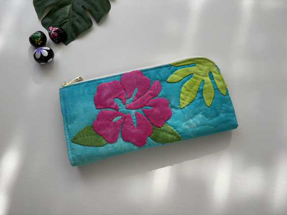 L字ファスナー長財布 夏の鮮やかハイビスカス ハワイアンキルト 長財布