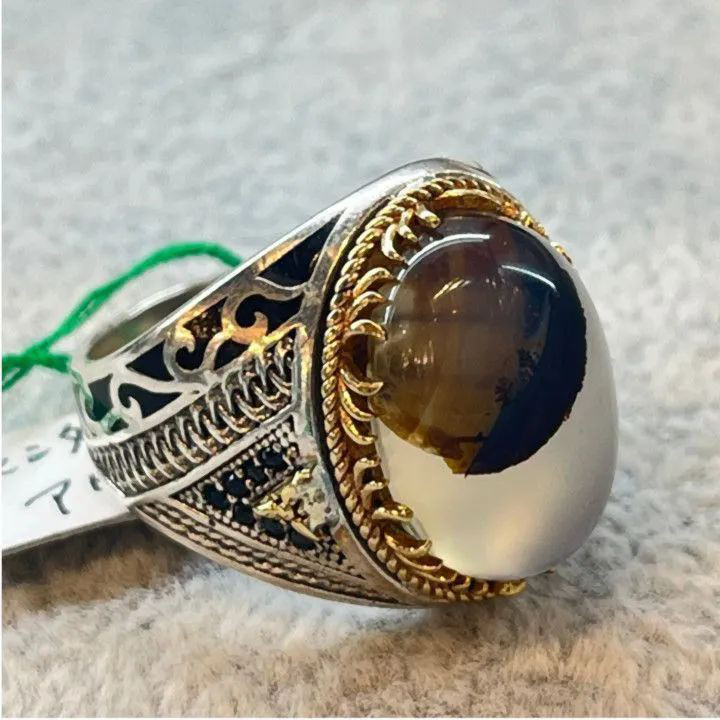 シルバーリング シルバー925 モンタナモスアゲート 24号 大粒 ヴィンテージデザイン ゴールドアクセント 一点もの