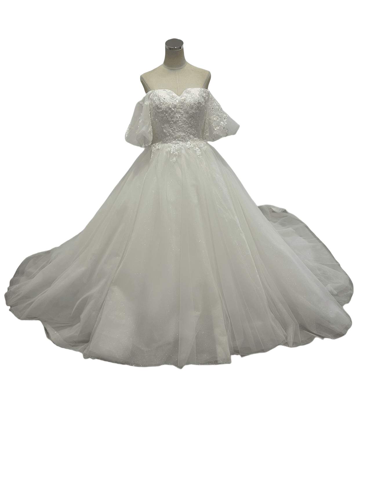 ウェディングドレス オフショルダー パフスリーブ 3D立体レース刺繍 グリッタードレス 披露宴/結婚式