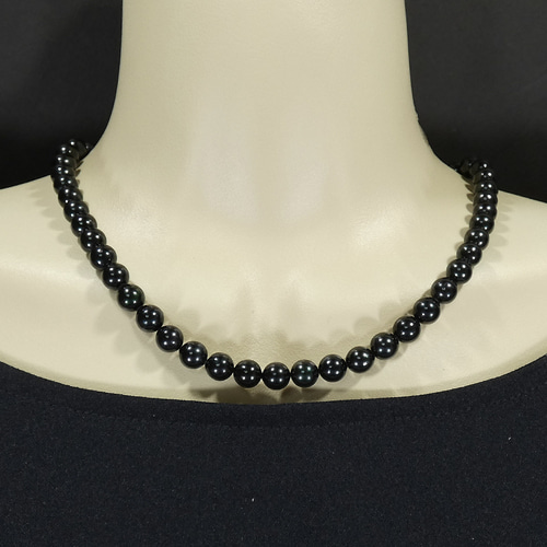 アコヤ黒真珠ネックレス 珠7.5-7.8mm コバルトブラックあこや 大珠 冠