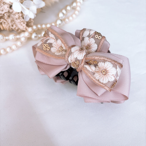 刺繍リボン バンスクリップ ベージュ ナチュラル オシャレ リボン ヘア