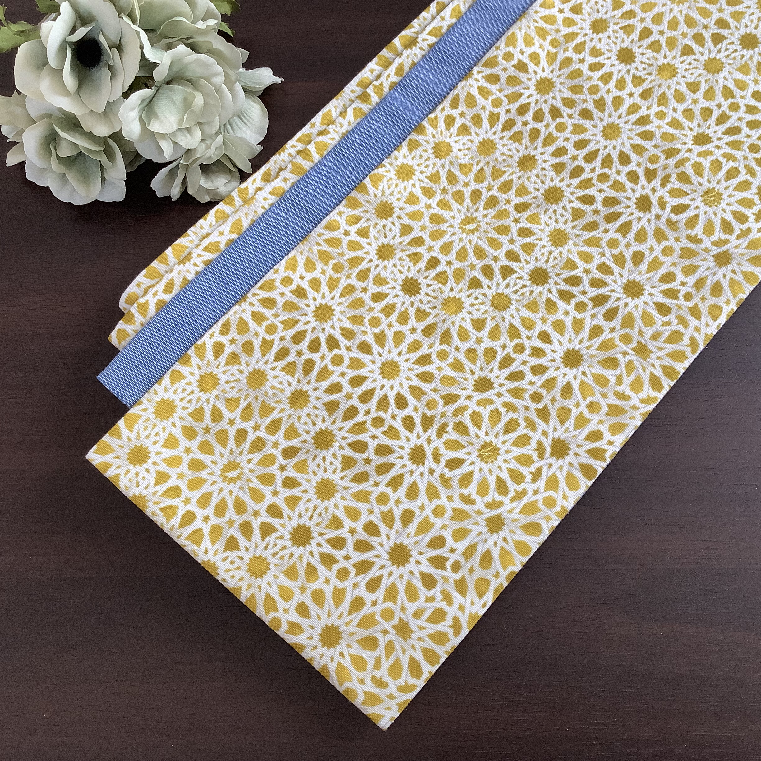 万華鏡柄　半幅帯　イエロー系／ブルーシャンブレー