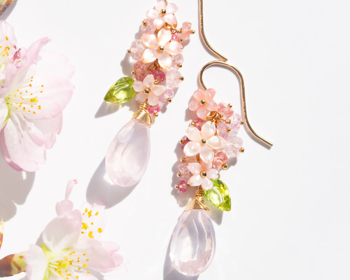 桜満開＊ローズクォーツ（ペアシェイプカット）とピンクシェル・天然石  
