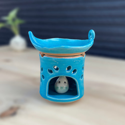 手作り陶器　長方形の透し彫り茶香炉♡ ほうじ茶つき　T-8 ハンドメイド 透かし彫り蛍手 調味料ポット 調味料入れ スプーン付き 調味料