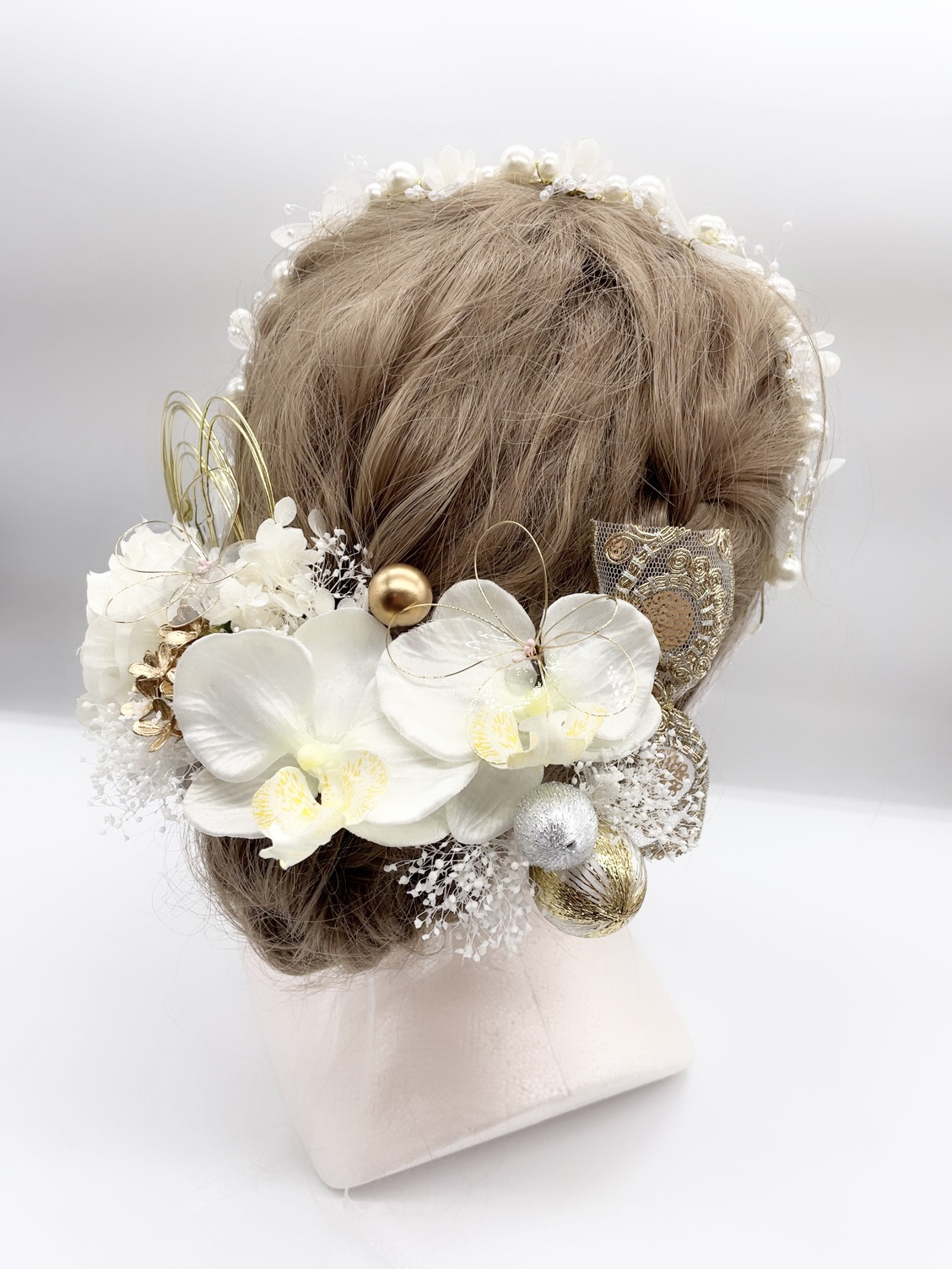 和装髪飾り　水引×金箔×カチューシャ　胡蝶蘭　ホワイト