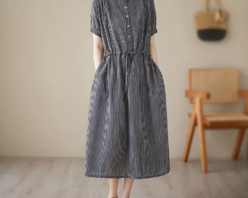美品【45R】リネン100% ストライプ 半袖 ワンピース R刺繍 ゆったり 楽天市場】リネン ワンピース 麻100% ストライプ フレンチ