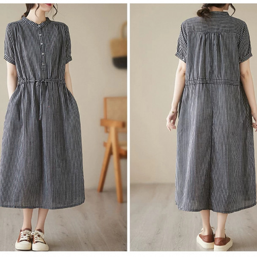美品【45R】リネン100% ストライプ 半袖 ワンピース R刺繍 ゆったり 2401710a.jpg
