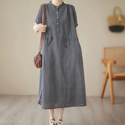 美品【45R】リネン100% ストライプ 半袖 ワンピース R刺繍 ゆったり 楽天市場】リネン ワンピース 麻100% ストライプ フレンチ