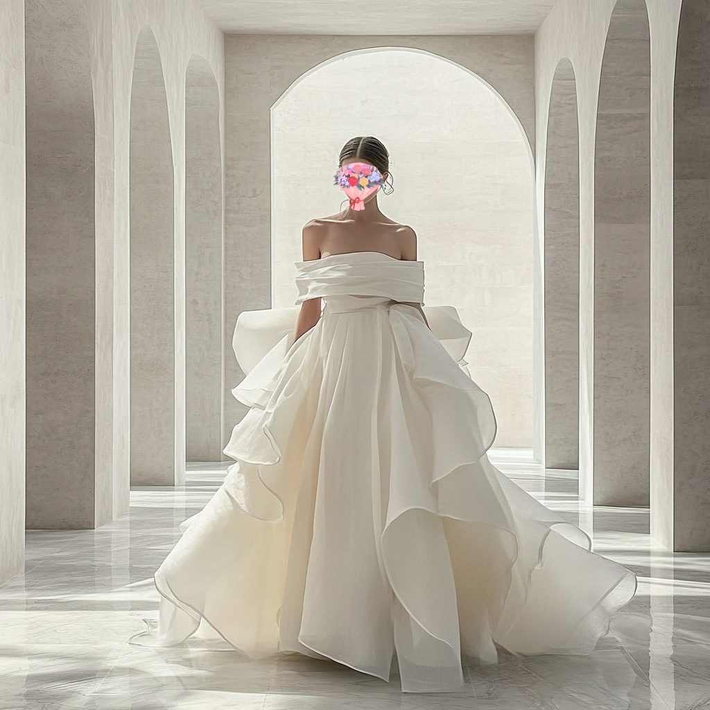 ふわふわウエディングドレス  　フリルドレス　ボリューム　オフショルダー　結婚式　前撮り　二次会　結婚式 披露宴