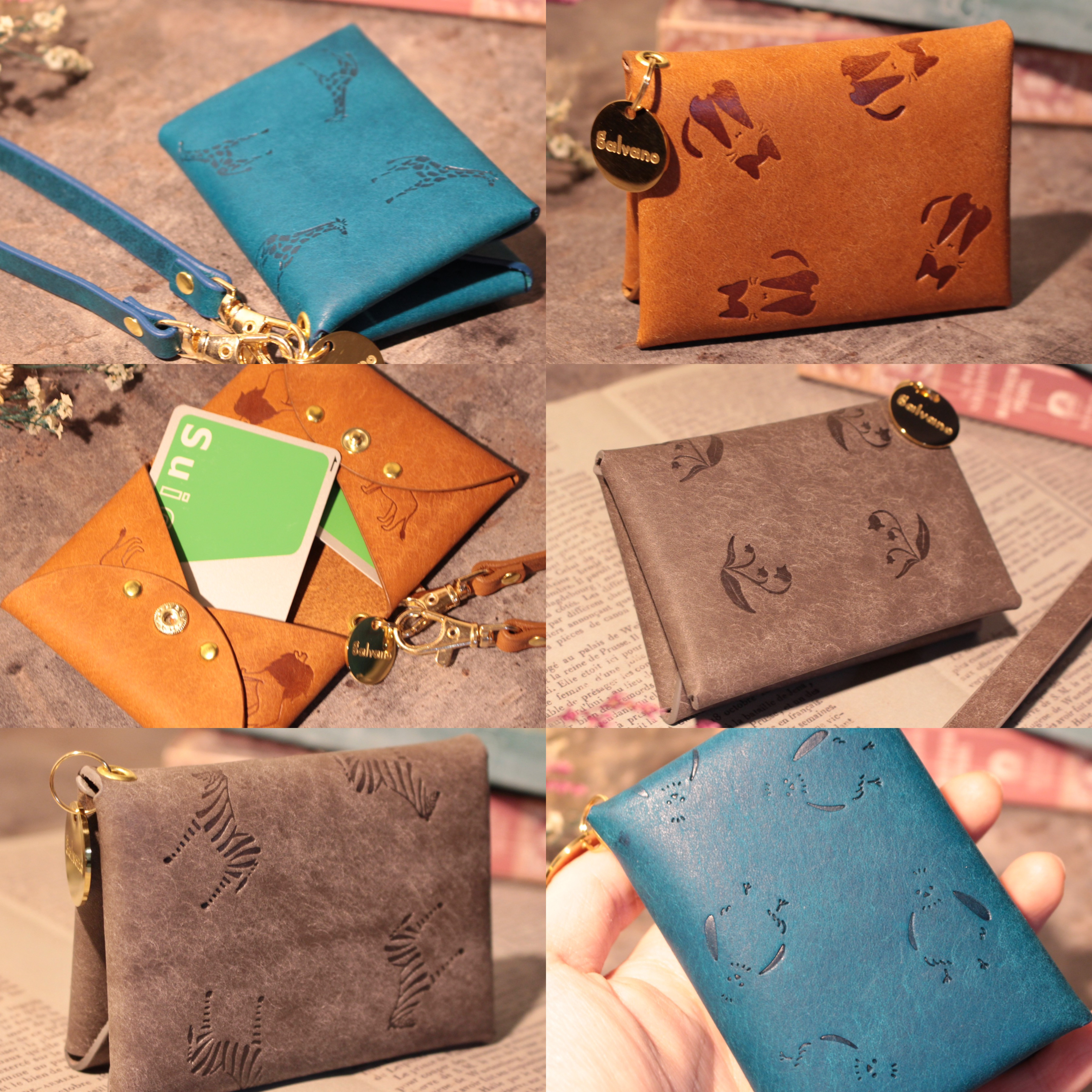 【チャーム付き】選べる動物ぷっくりパスケース　ストラップ付き　定期入れ　本革　ブラウン　グレー　ターコイズ