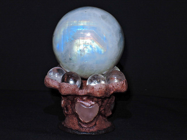 ★レインボームーンストーン丸玉57mm/259g ハートローズクォーツ水晶玉台座のセット★天然石月長石ボール&クリスタル