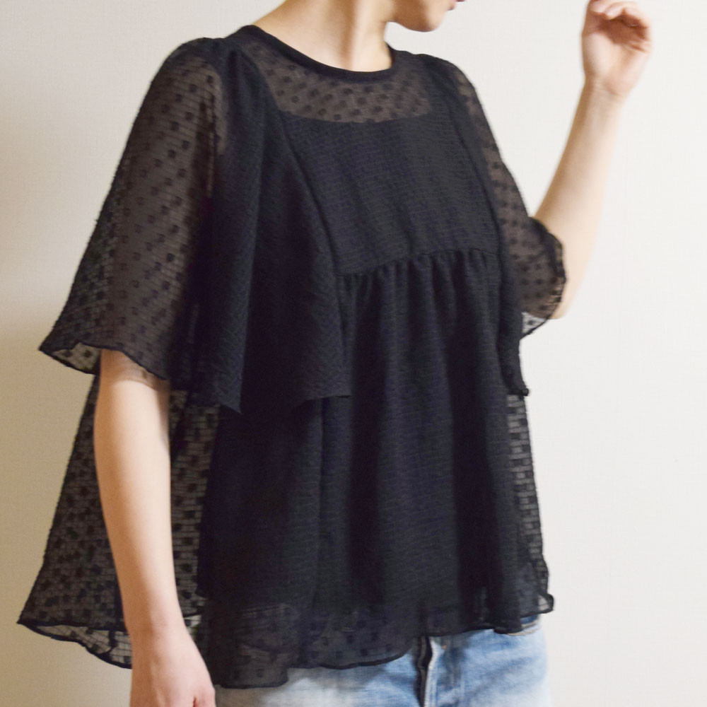 ドットシフォンリバーシブルバタフライスリーブリボンブラウス（ブラック）（受注制作）