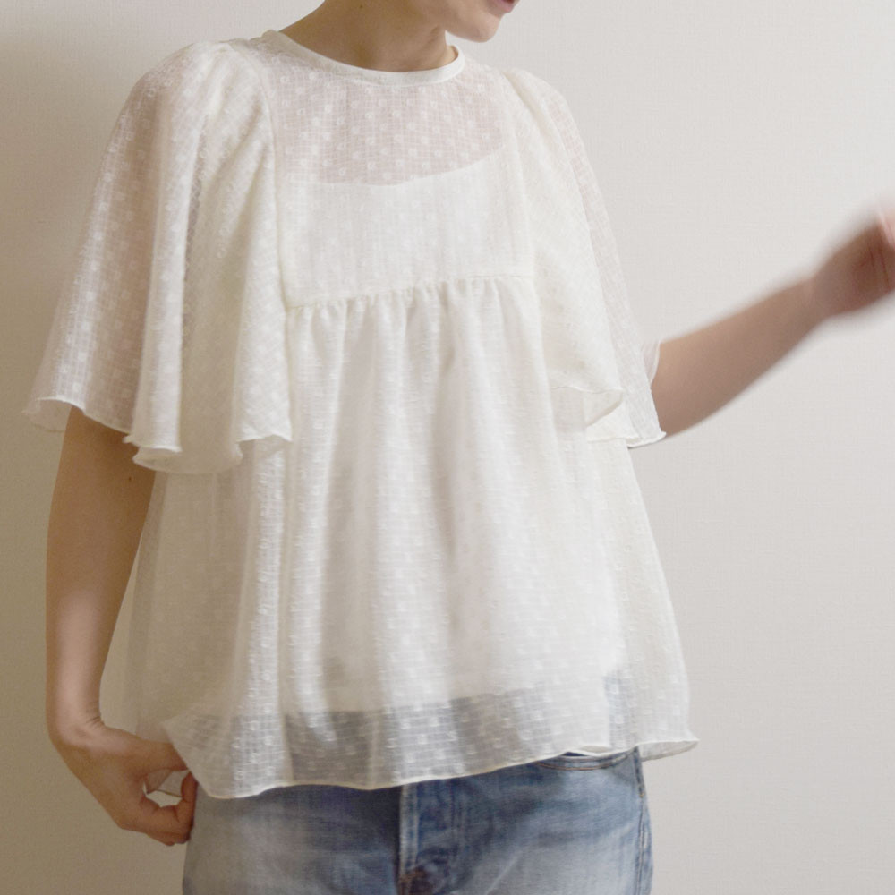 ドットシフォンリバーシブルバタフライスリーブリボンブラウス（オフホワイト）（受注制作）