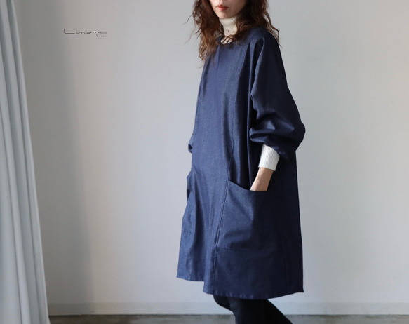 岡山児島デニムで魅せる、割烹着／8オンスくったりソフトデニムエプロン／インディゴ・ブルー 1枚目の画像