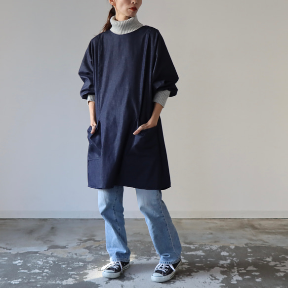 岡山児島デニムで魅せる、割烹着／8オンスくったりソフトデニムエプロン／インディゴ・ブルー 8枚目の画像