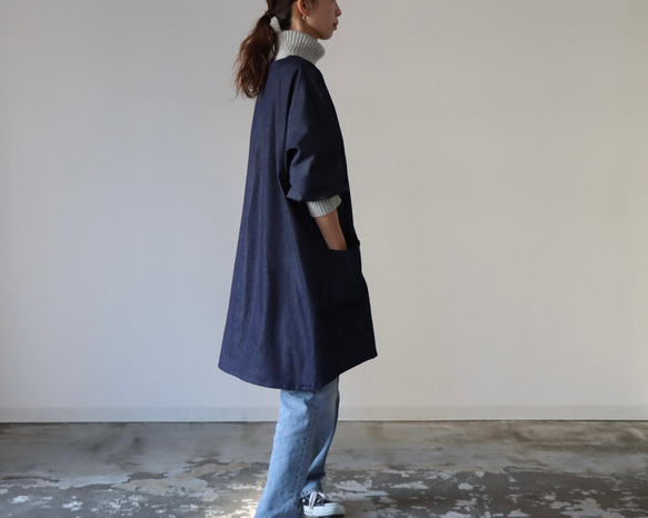 岡山児島デニムで魅せる、割烹着／8オンスくったりソフトデニムエプロン／インディゴ・ブルー 10枚目の画像