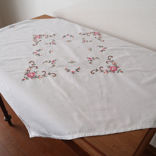 未使用】バラの刺繍 ヴンテージテーブルクロス リメイクパンツ