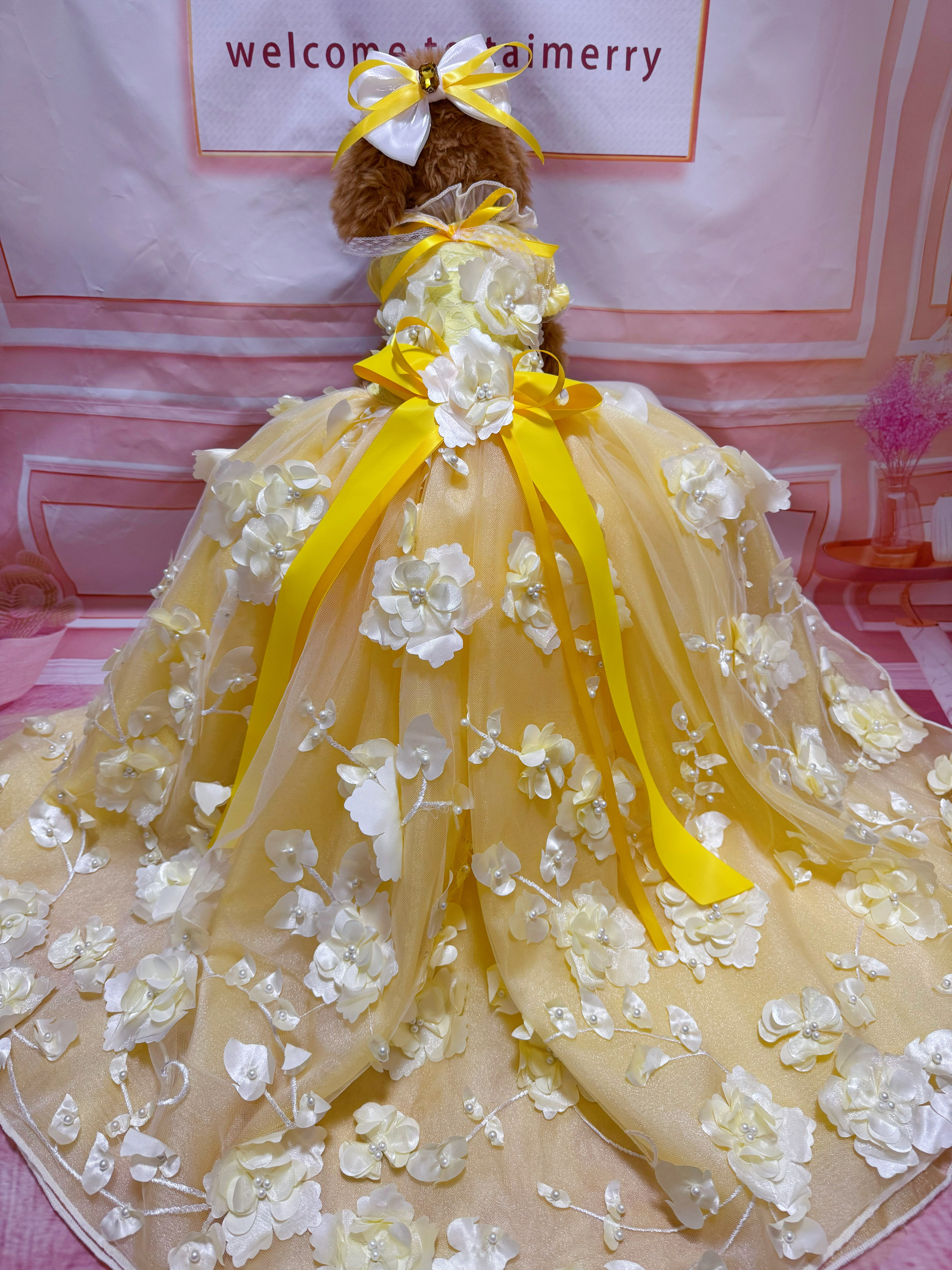 犬猫うさちゃん服　春の訪れイエローカラーの艶やかロング丈ドレス