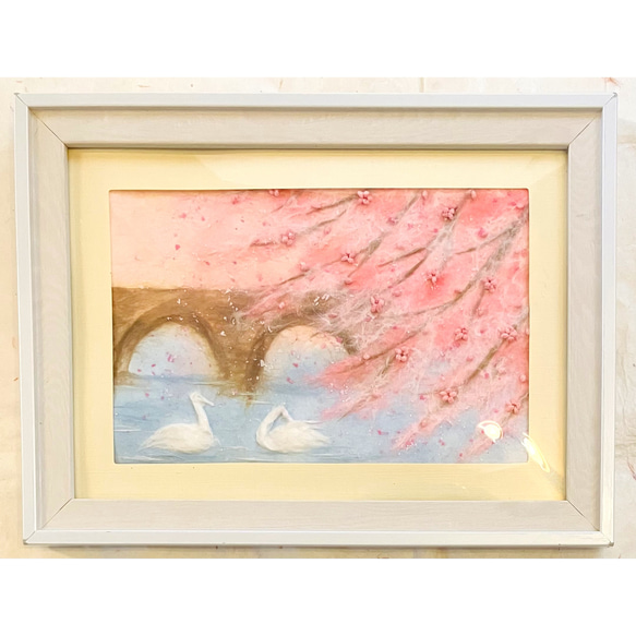 和紙ちぎり絵『石橋と桜と白鳥』葉書サイズ原画 切り絵 彩紘工房 通販