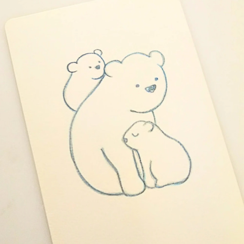 色鉛筆画 原画 1点物 シロクマ 親子 イラスト ハガキサイズ イラスト