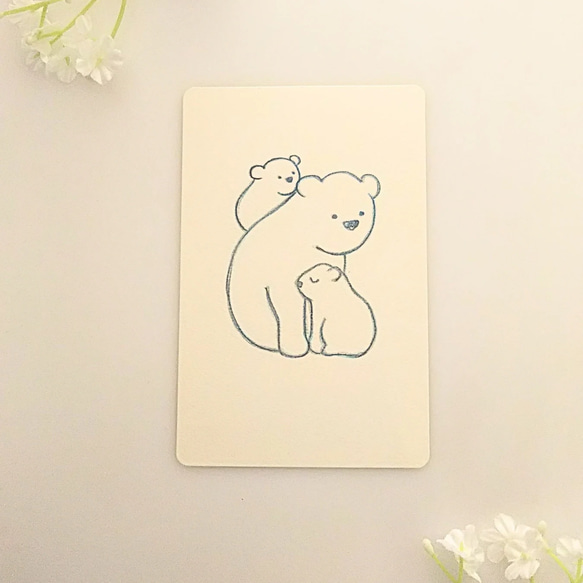 色鉛筆画 原画 1点物 シロクマ 親子 イラスト ハガキサイズ イラスト