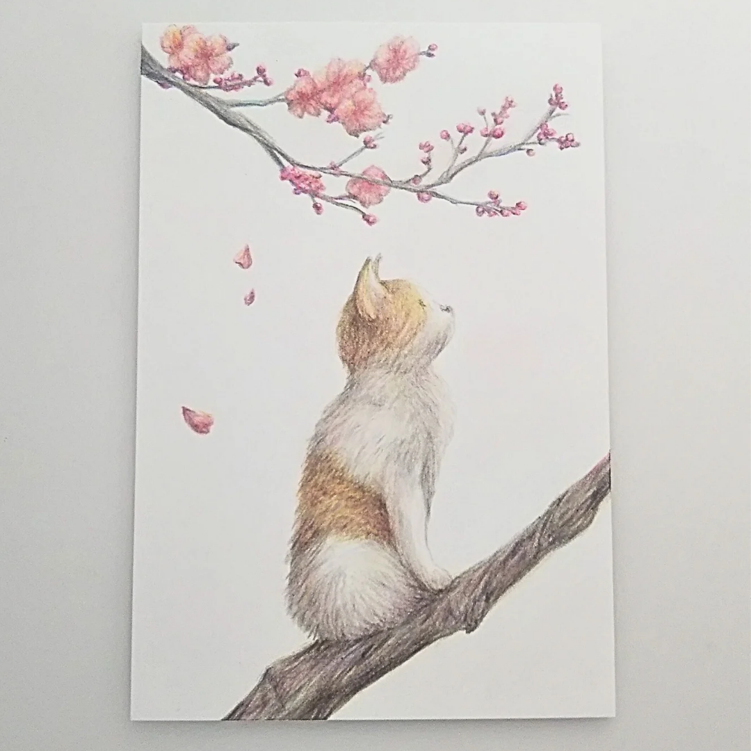 色鉛筆画 原画 1点物 ネコ イラスト ハガキサイズ イラスト marika