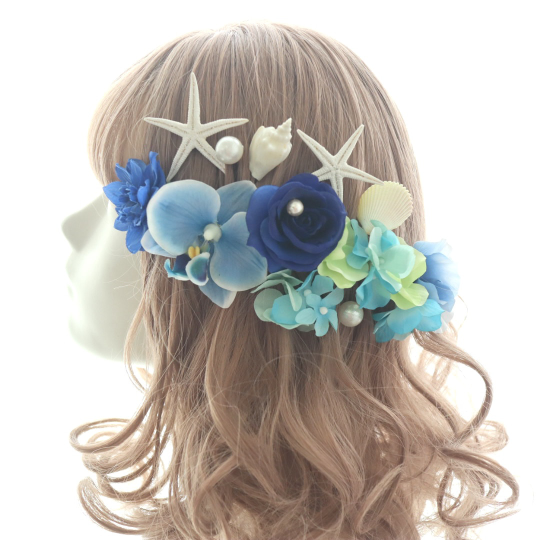 髪飾り　ヘッドドレス　サムシングブルー　コチョウラン　ヒトデ　貝殻　マーメイド　結婚式　リゾート婚　ウェディング