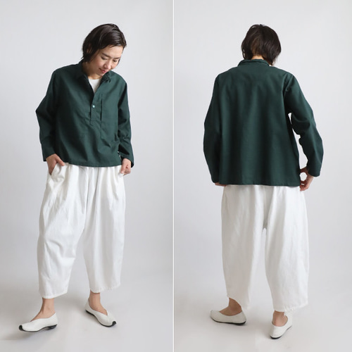 夏ＳＡＬＥ　上質ギマ擬麻コットン　大きな縦長 胸ポケット かぶるだけ オーバー シャツ　燕尾裾　ゆったり　長袖 　緑R42B 夏SALE 上質ギマ擬麻コットン 大きな縦長 胸ポケット かぶる