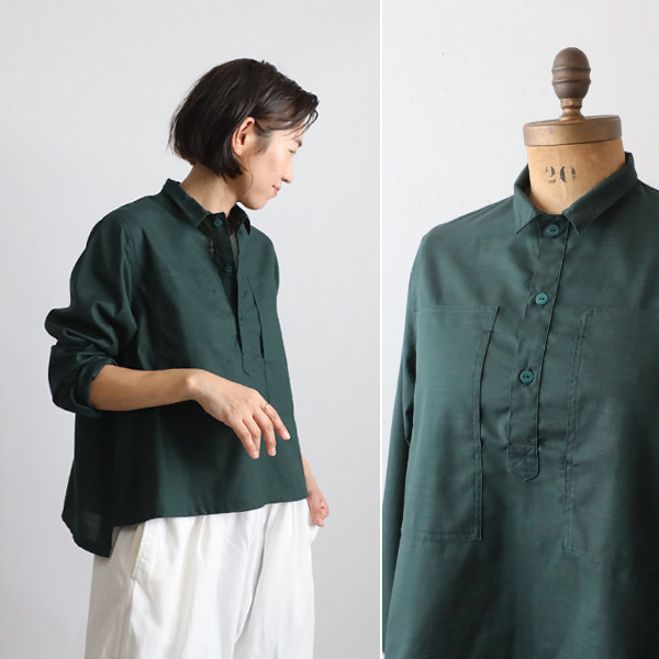 最終ＳＡＬＥ　上質ギマ擬麻コットン 大きな縦長 胸ポケット  かぶるだけオーバー シャツ　燕尾裾ゆったり緑R42B