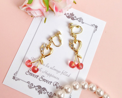 再販】ハートとさくらんぼ イヤリング ピアス ハート ガラス