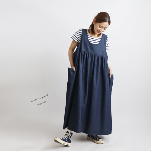 □117cm 贅沢 胸下ギャザー 大きなポケット ワンピース