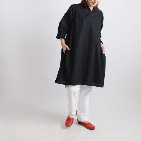 ⁂ラスト５　夏ＳＡＬＥ　上質ギマ擬麻コットン　和装　重ね襟　Vネック シャツ チュニック ゆったり ブラック R43C 8枚目の画像