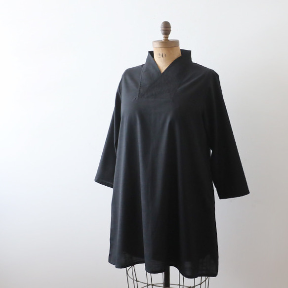 ⁂ラスト５　夏ＳＡＬＥ　上質ギマ擬麻コットン　和装　重ね襟　Vネック シャツ チュニック ゆったり ブラック R43C 12枚目の画像