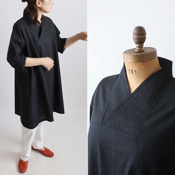 ⁂ラスト５　夏ＳＡＬＥ　上質ギマ擬麻コットン　和装　重ね襟　Vネック シャツ チュニック ゆったり ブラック R43C 1枚目の画像
